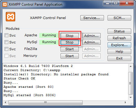 Panel de control de Xampp, parando