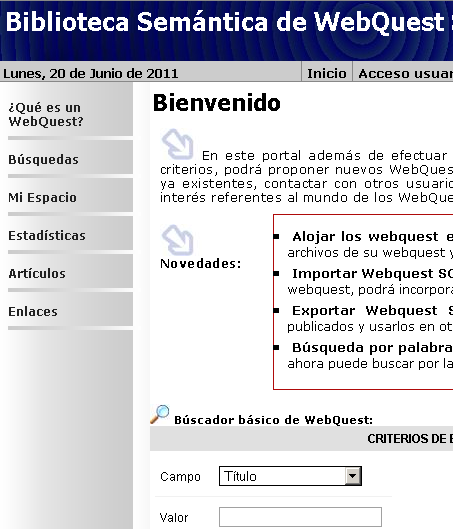 Vista parcial de la página de inicio de la Bibliotecta Semántica de WebQuest SCORM