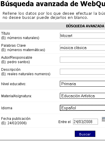 Menú de búsqueda avanzada de WebQuest, con una caja de texto para el título, palabras clave, autor, descripción, nivel educativo, materia, idioma, fecha de publicación y el botón "Buscar"