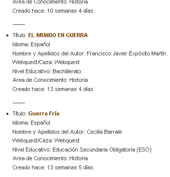 Listado de WebQuest encontradas, con información sobre el título, idioma, autor, nivel, etc.
