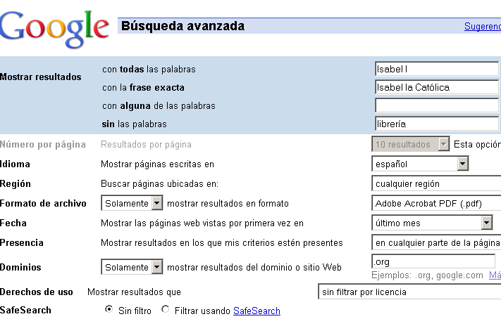 Vista del menú de búsqueda avanzada de Google,con algunas opciones seleccionadas, como tipo de archivo (formato pdf)