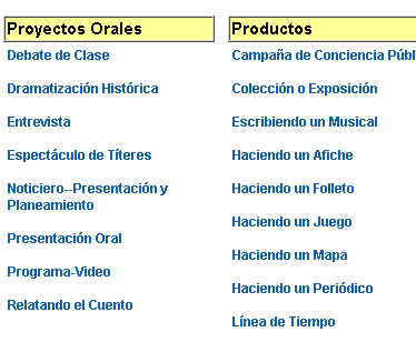 Se ven distintas categorías de matrices: Proyectos orales (Debate de clase, Entrevista...)