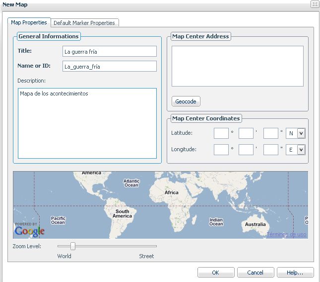 Vista del editor de propiedades del mapa, con la caja para poner el Título, descripción, etc.