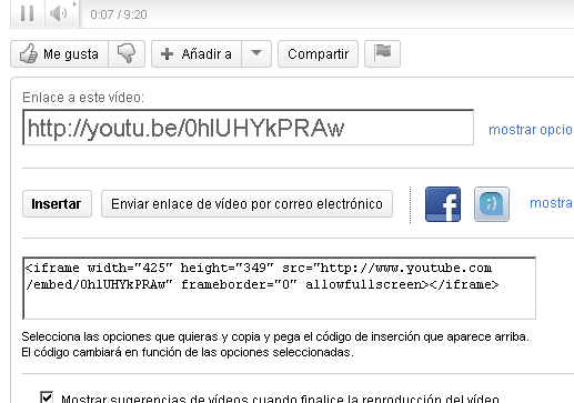 Vista del código de enlace y de inserción de un video de Youtube, en la parte inferior del vídeo