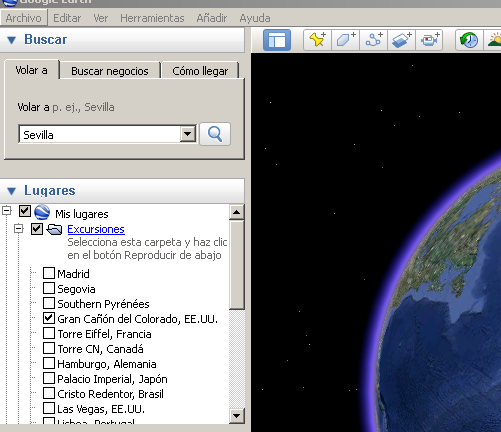 Vista de la caja de búsqueda de localización en GoogleEarth