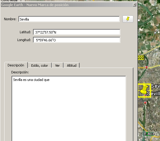 La misma caja, con la localización de coordenadas de Sevilla, que ha producido el programa GoogleEarth