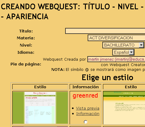 Se ven cuadros de texto para Título, Materia, etc., así como una de las plantillas de WebQuest seleccionables, identificada por una imagen con atributos de estilo como color, etc.