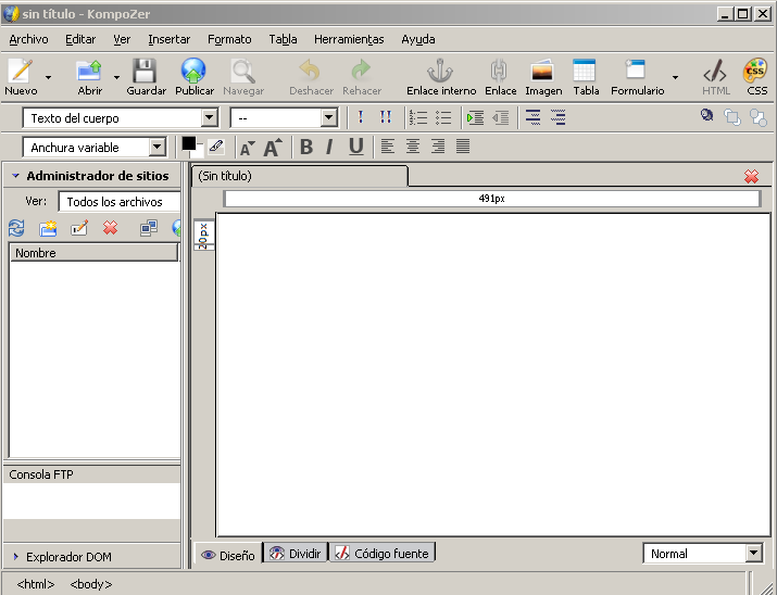 Vista de apertura del programa Kompozer. Tiene la apariencia de un editor de texto, con un cuerpo en el lateral izquierdo para escribir el texto, etc., y una franja a la izquierda con el nombre del archivo y otros atributos