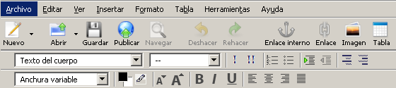Vista de la barra de herramientas: menú con Archivo, Editar, Insertar, etc., y algunos iconos de uso frecuente, como Nuevo, Abrir, Guardar, Publicar, atributos de formato como letra más grande o más pequeña, negrita, color, etc.