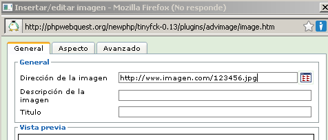 Se ve la ventana emergente de inserción de una imagen, con una caja de texto para "Dirección de la imagen", y a la derecha de la misma, un icono con aspecto de carpeta que permite buscar la imagen en el respositorio de PHP Webquest, o subirla desde nuestro ordenador
