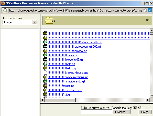 Ventana emergente con las imágenes que otros usuarios han alojado en PHP WebQuest, y con un botón para examinar imágenes desde nuestro disco duro y subirlas a dicho repositorio
