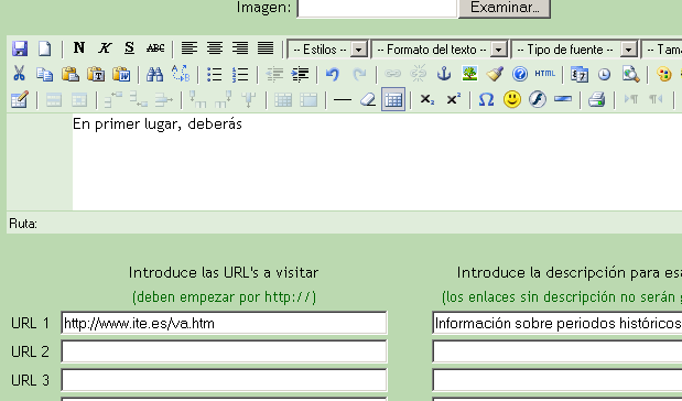 Se ve el editor del Proceso, con una caja para indicar el texto, y una mitad inferior con cajas para indicar la URL o dirección web y a su derecha una caja por cada recurso en la que describe para qué se empleará