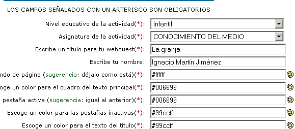Se ve un conjunto de campos en los que se indica el nivel educativo, la asignatura, el título, el nombre del autor, y un conjunto de atributos como color del texto, del fondo, etc.