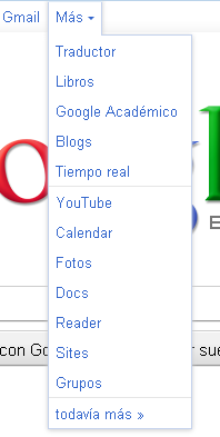 Menú desplegable situado en la parte superior de www.google.com, en una pestaña que cuelta de "Más", y que contiene Sites entre otras opciones