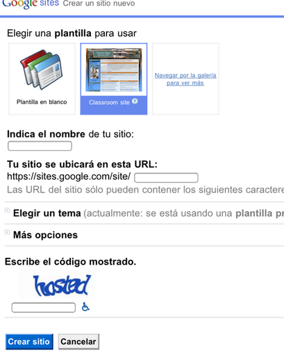 El cursor apunta a "Elegir una plantilla para usar" y "Navegar por la galería para ver más", dentro de las opciones ofrecidas. También se ha apuntado un nombre para el sitio, que comienza por "WebQuest", y se ha apuntado el código mostrado para poder crear el sitio