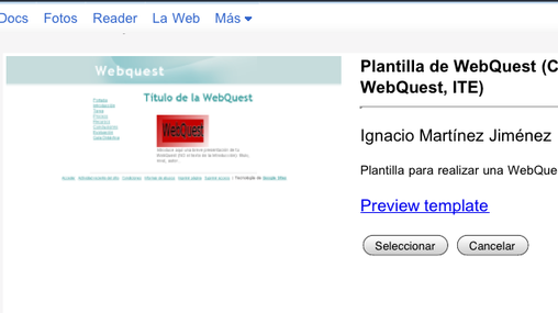 El cursor apunta a "Elegir una plantilla para usar" y "Navegar por la galería para ver más", dentro de las opciones ofrecidas. También se ha apuntado un nombre para el sitio, que comienza por "WebQuest", y se ha apuntado el código mostrado para poder crear el sitio