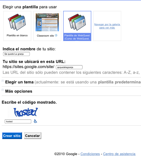 Plantilla de WebQuest seleccionada (se ve un icono que lo indica), y cajas de texto para nombre de la WebQuest y código antimáquina cumplimentados