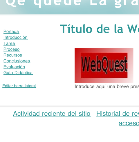 Plantilla que a la izquierda tiene las páginas correspondientes a las partes de la WebQuest