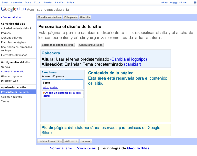 Vista de la personalización de la página