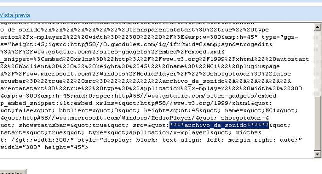 Se ve un conjunto de caracteres de código html, entre los que hay seleccionado el nombre del archivo mp3 que habríamos creado 
