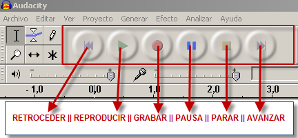 Vista de la barra de herramientas de Audacity Vista de la barra de herramientas de Audacity