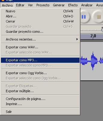 Menú Archivo desplegado, en el que se ve como opción "Exportar a mp3"