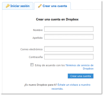 pantalla para crear una cuenta en Dropbox