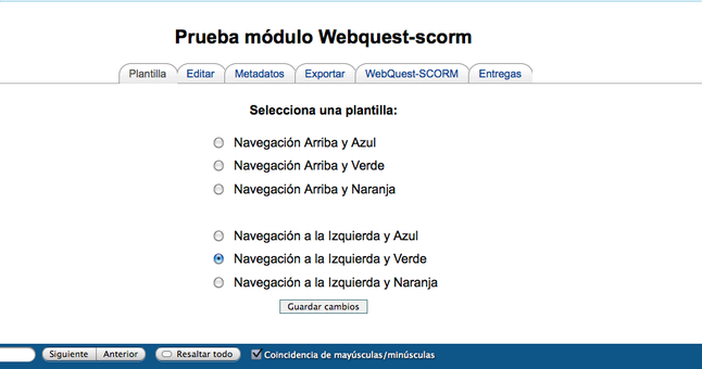 Editor de módulo de WebQuest-scorm, en el que se solicita que se elija una plantilla