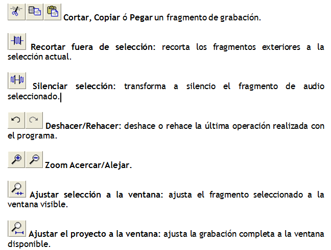 Barra de edición Iconos de la barra de edición