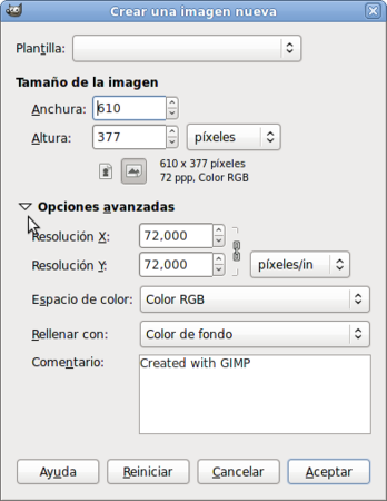 Nueva imagen con todas las opciones Crear una nueva imagen