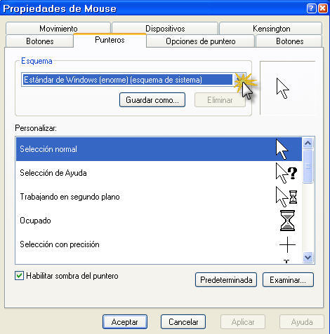 ventana de punteros del mouse