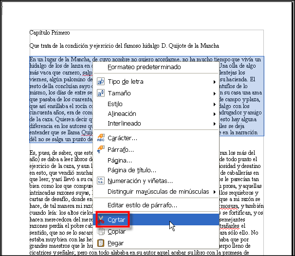 Opción Cortar