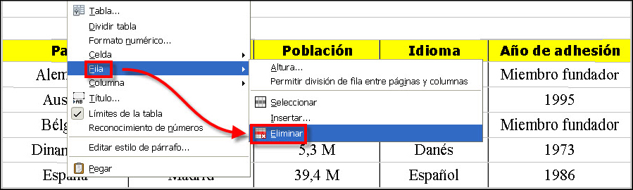 Borrar fila