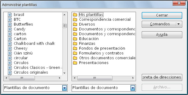 Cuadro de diálogo Administrar plantillas 