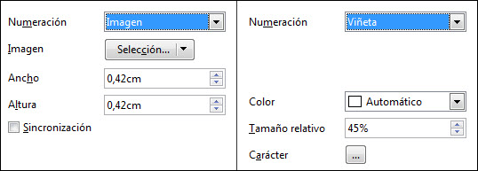 Opciones de viñeta e imagen Opciones de viñeta e imagen