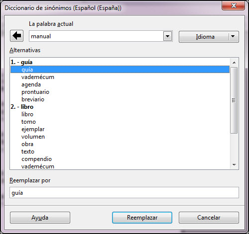 Cuadro de diálogo Diccionario de sinónimos