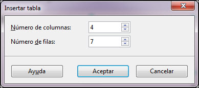 Cuadro de diálogo Insertar tabla