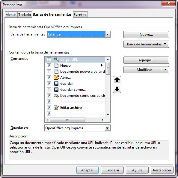 Cuadro de diálogo Personalizar - Barras de herramientas