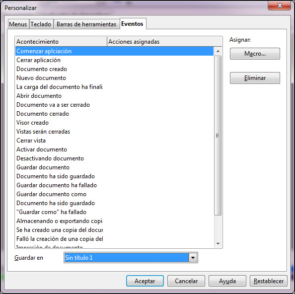 Cuadro de diálogo Personalizar - Eventos