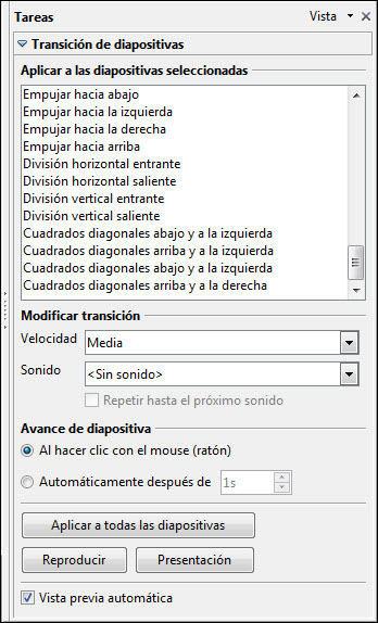 Paner de tareas Transición de diapositivas