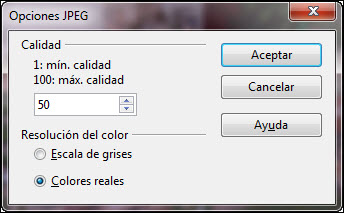 Cuadro de diálogo Opciones JPEG Cuadro de diálogo Opciones JPEG