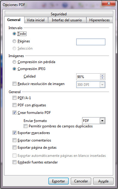 Cuadro de diálogo Opciones PDF - General