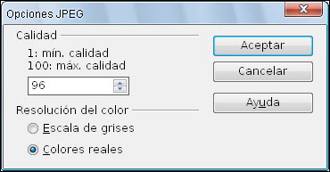 Cuadro de diálogo Opciones JPEG Cuadro de diálogo Opciones JPEG