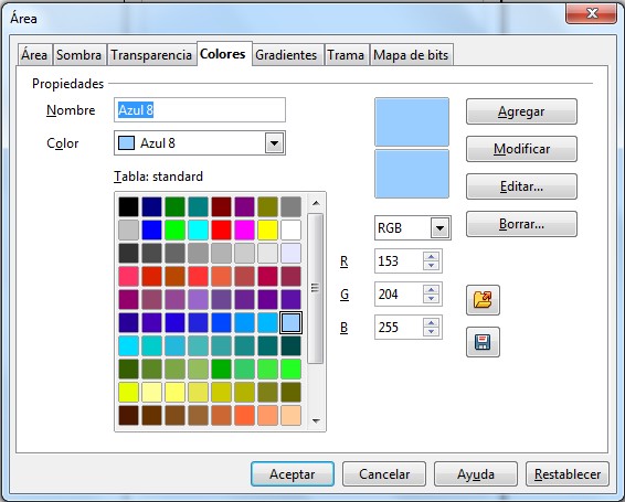Cuadro de diálogo Área-Colores
