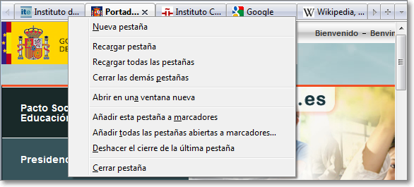 Menú de pestañas