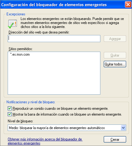 Configurar elementos emergentes