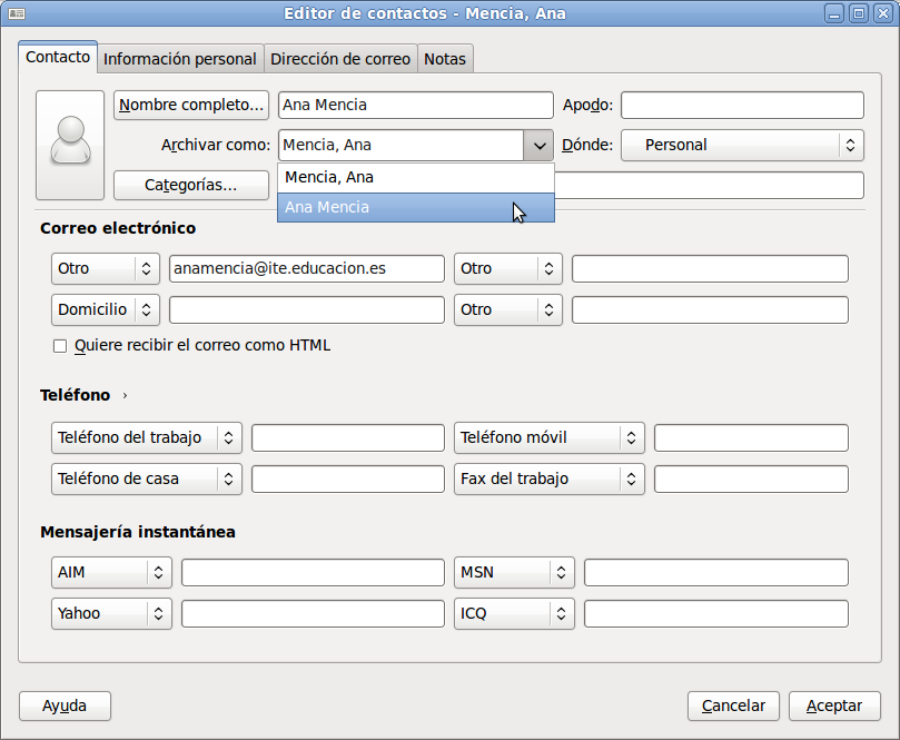 Editor de contactos