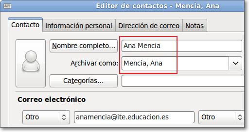 Error en el nombre de contacto