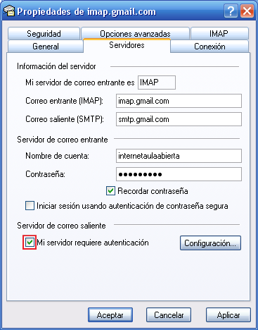 Propiedades de servidor Gmail Propiedades de servidor Gmail