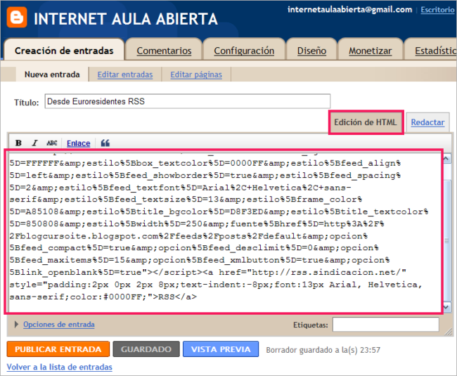 Pegar el código HTML